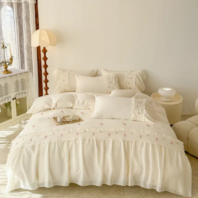 Washed Cotton Lace Embroidered Four piece Set Rose Fairy White Powder - Shop at LoveMi