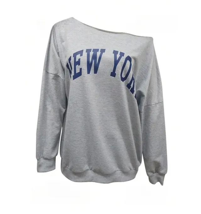 Women's Simple Letter Print Off shoulder Long Sleeve Sweater Gray - Shop at LoveMi