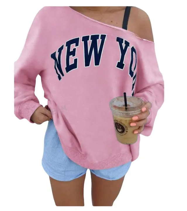 Women's Simple Letter Print Off shoulder Long Sleeve Sweater Pink - Shop at LoveMi