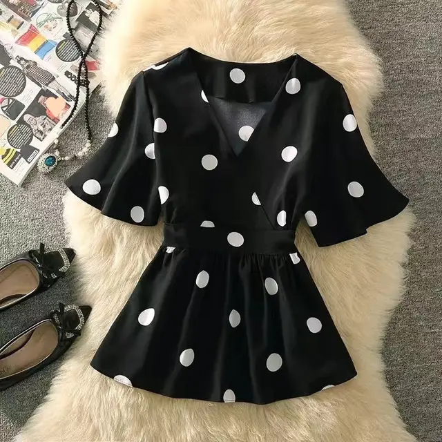 Women's Casual Polka Dot Graceful Collar Lace up Waist Trimming Shirt Black - Shop at LoveMi