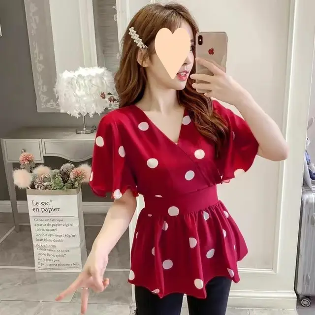Women's Casual Polka Dot Graceful Collar Lace up Waist Trimming Shirt Wine Red - Shop at LoveMi
