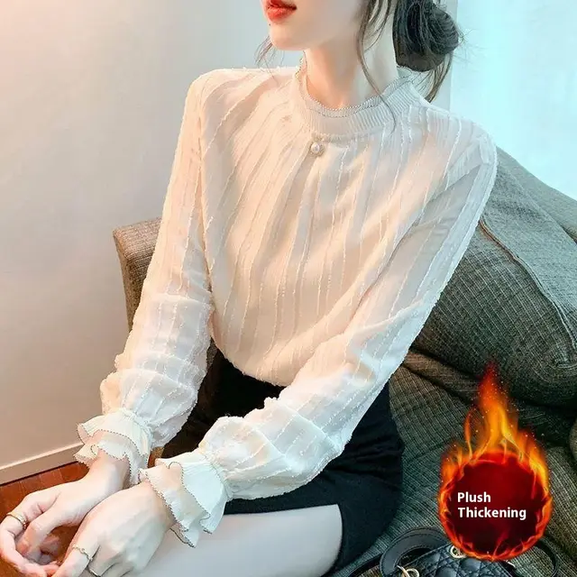 Fleece lined Thick Lace Bottoming Shirt For Women Autumn Winter Coat Small Shirt Western Style Fashionable Chiffon Shirt Beige Plus Velvet Thickened - Shop at LoveMi