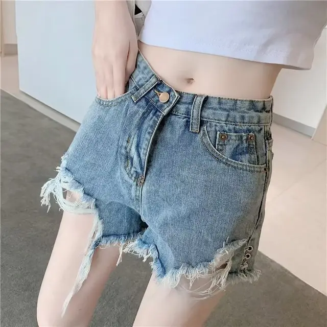 Micro Elastic High Waist Slimming Holes Frayed Vintage Denim Shorts Blue - Shop at LoveMi