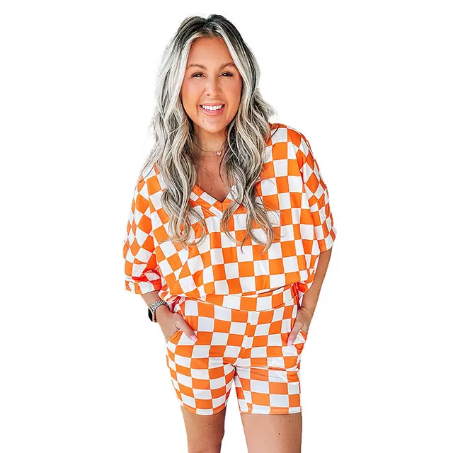 Summer New Chessboard Plaid Printing Fashion Suit Women Orange - Shop at LoveMi
