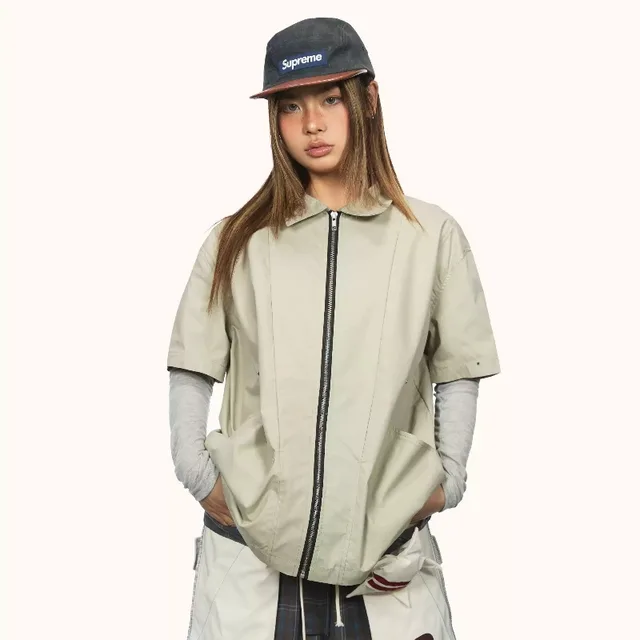 Retro Lapels Zipper Short Sleeve Shirt Female Summer New Loose Green - Shop at LoveMi