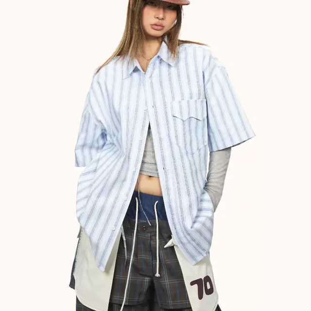 Blue Striped Short sleeved Shirt Women's Loose Casual Light Blue - Shop at LoveMi