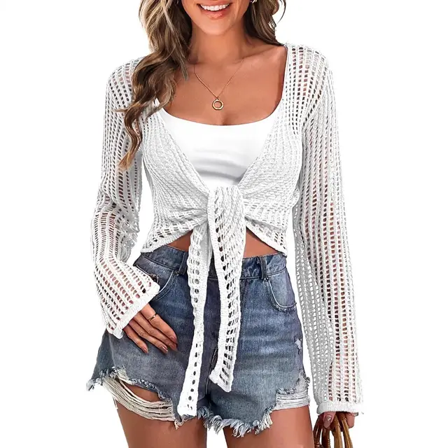 Beach Cover up Hollow Out Long Sleeve Lace up Sweater Top For Women White - Shop at LoveMi