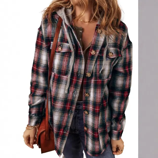 Printed Checkered Chest Pocket Button Hooded Jacket Plaid - Shop at LoveMi