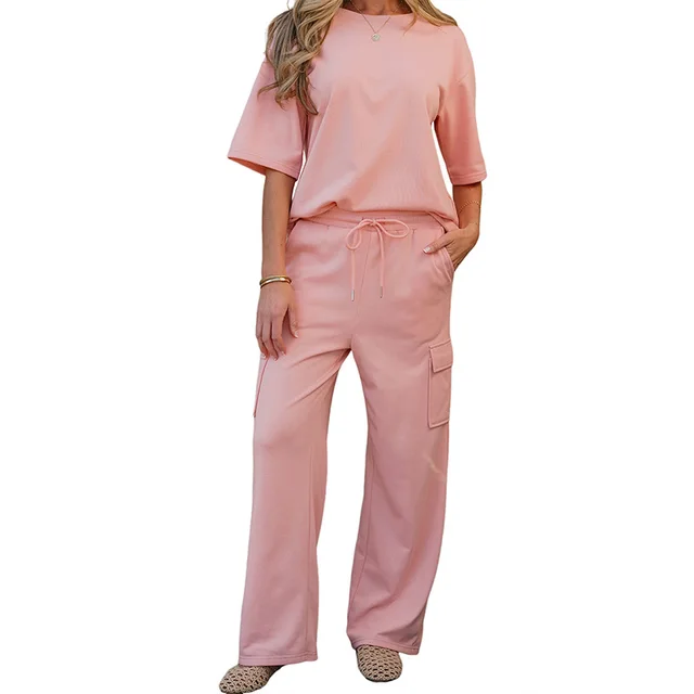 Spring And Summer New Solid Color Short Sleeve Two piece Set Women's Casual Lc627075P2010 - Shop at LoveMi
