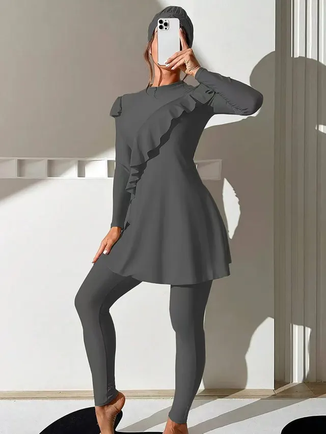 Muslim Swimsuit Long Sleeve Swimming Dress Long Swimming Trunks Two piece Set Gray - Shop at LoveMi