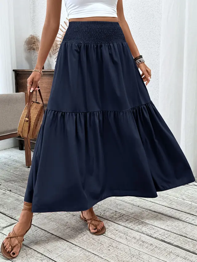 Small Floral Three layer Long Patchwork Skirt Navy Blue - Shop at LoveMi
