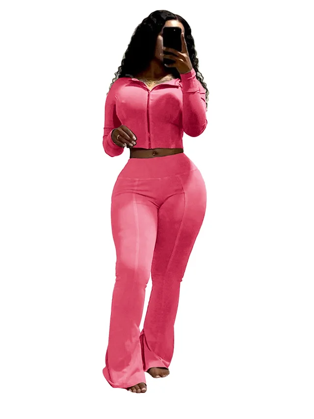 Women's Washed Hooded Bell bottom Pants Casual Suit Peach - Shop at LoveMi
