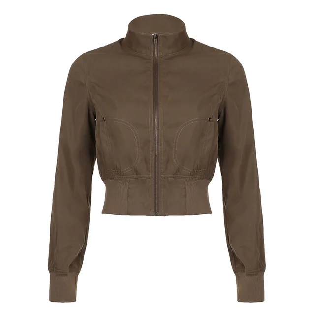Work Clothes Waist tight Jacket Zipper Pocket Cardigan Brown - Shop at LoveMi