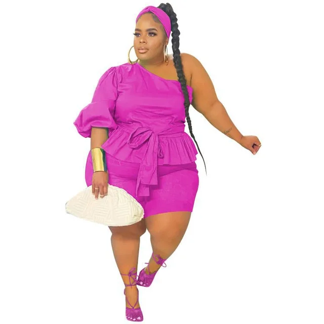 European And American Plus Size Fashion One shoulder Ruffled Tied Two piece Women's Clothing Rose Red - Shop at LoveMi