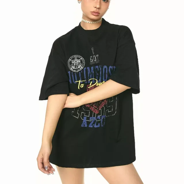 Heavy Loose And Idle Street Embroidered Letter Short Sleeve Top Black - Shop at LoveMi