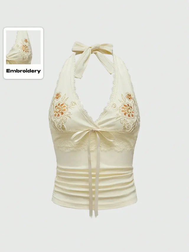 Sexy Floral Embroidered Lace Stitching Tied Vest Halter Slim Fit Slimming Spaghetti Straps Light Yellow - Shop at LoveMi