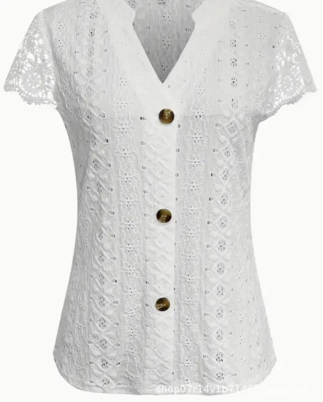 Solid Color Stitching Hollow Short Sleeve Women White - Shop at LoveMi