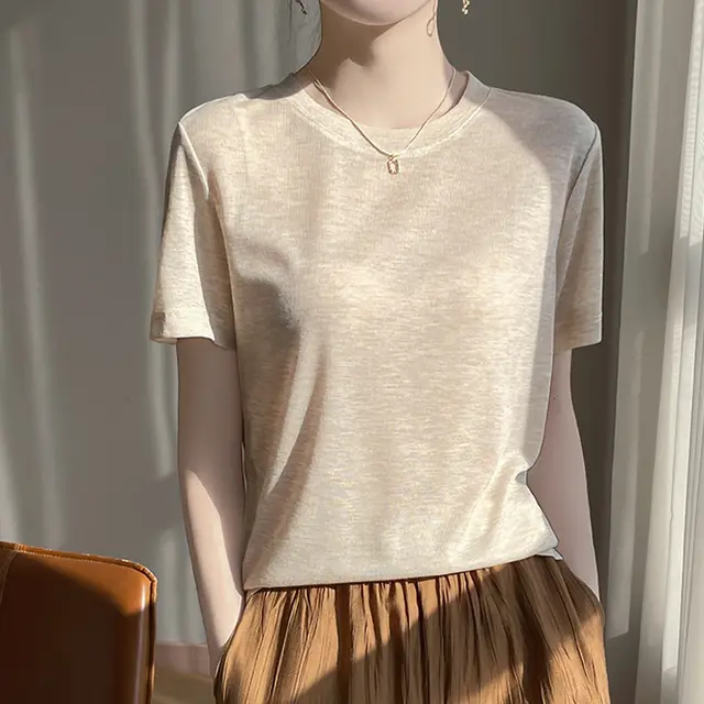Loose Temperament Round Neck T shirt Women Beige Camel - Shop at LoveMi