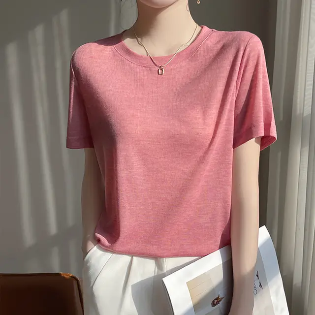 Loose Temperament Round Neck T shirt Women Pink - Shop at LoveMi