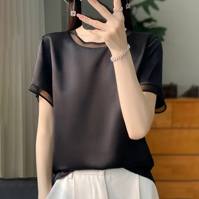 Satin Silk Short sleeved T shirt For Women Black - Shop at LoveMi
