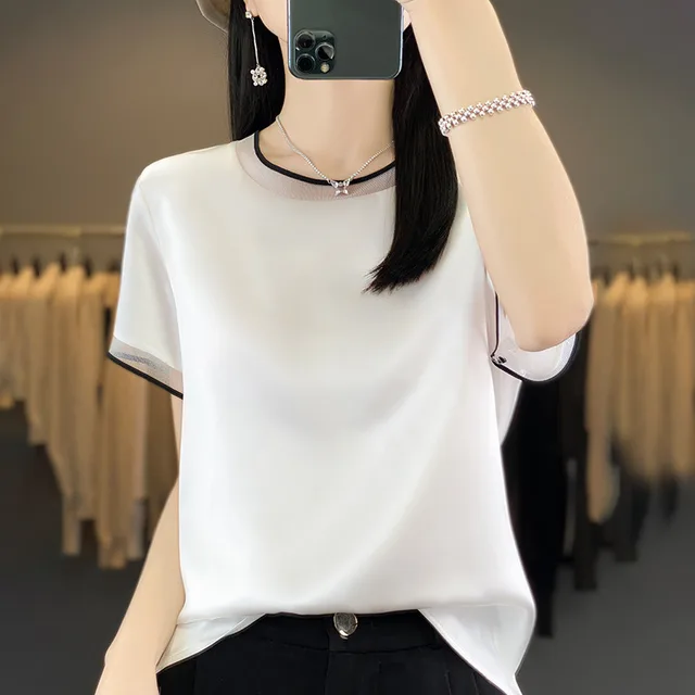 Satin Silk Short sleeved T shirt For Women White - Shop at LoveMi