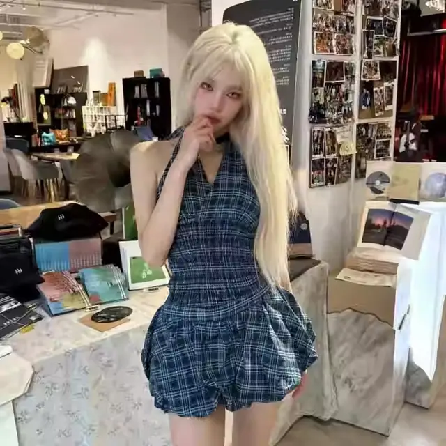Navy Blue Plaid Top Suit Women Dark Blue Suit - Shop at LoveMi