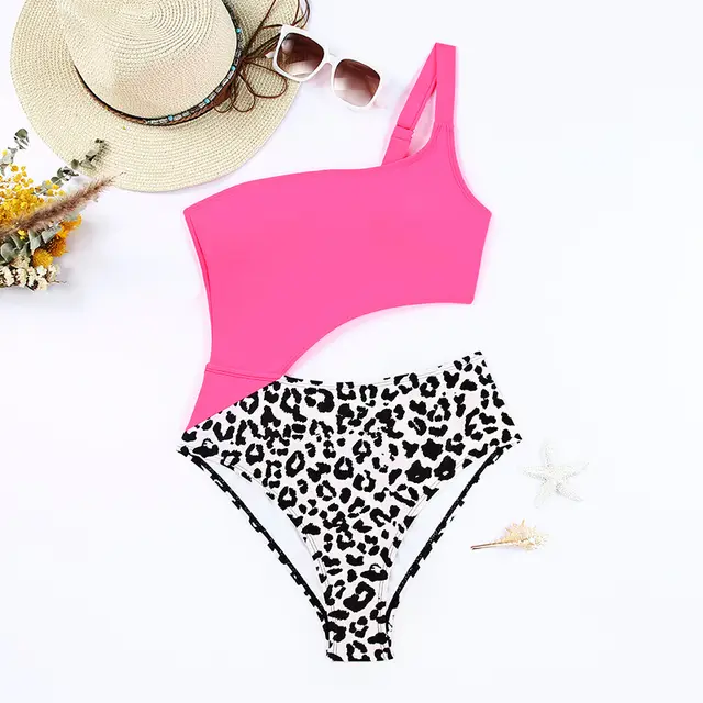 Women's Swimsuit Leopard Print One Shoulder Tight Fitting Rose Red - Shop at LoveMi