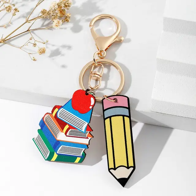 Rainbow Pencil Wooden Board Tassel Key Chain Pendant Apple Book Pencil - Shop at LoveMi