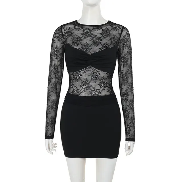 Women's Elegant Slim Lace Smock Top Mid length Dress Set Black - Shop at LoveMi