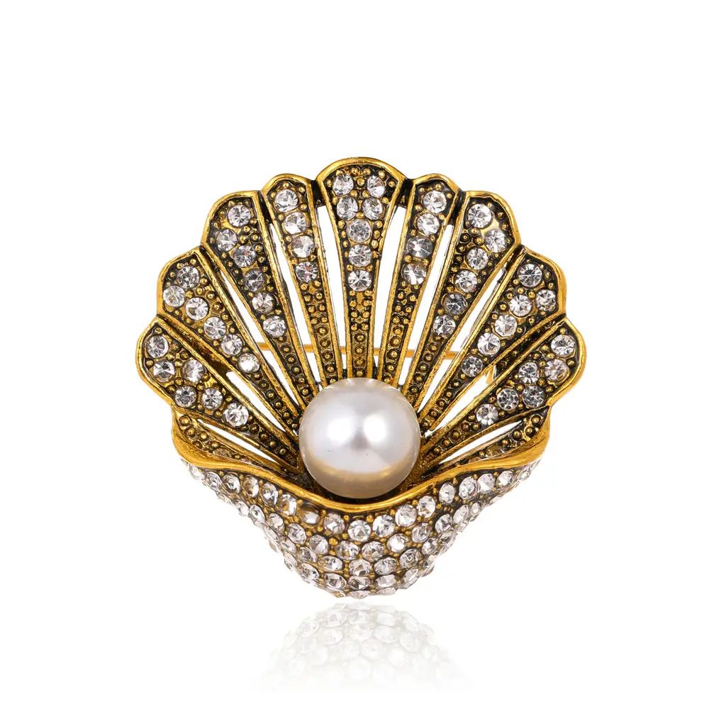 Fashion Vintage Rhinestone Pearl Shell Brooch - Al1161A