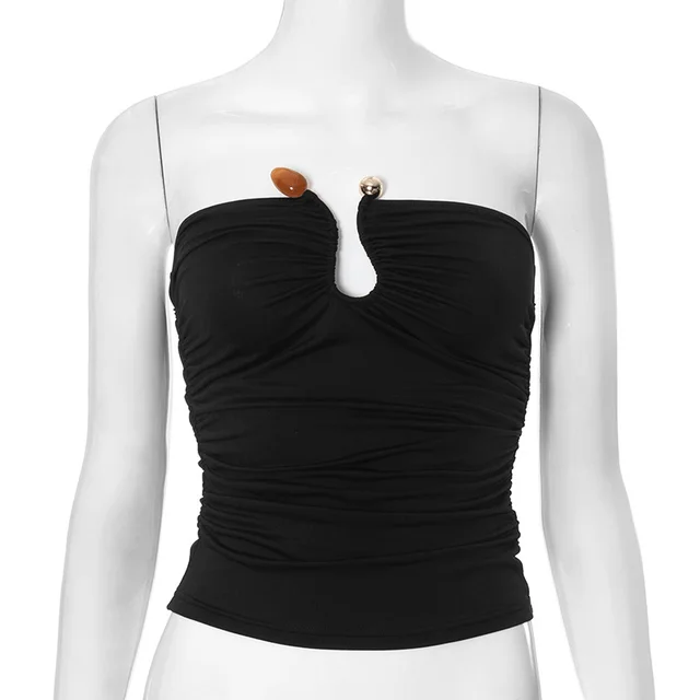Solid Color Chest wrapped Backless Pleated Agate T shirt Black - Shop at LoveMi