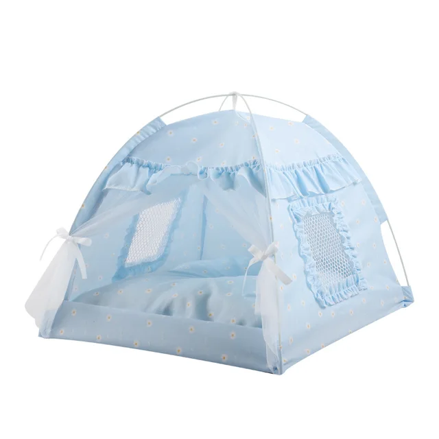 Cat Nest Kennel Summer Semi closed House Mat Foldable Outdoor Pet Tent Blue Lace - Shop at LoveMi