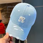 Embroidered Denim Letter Baseball Women's Ripped Peaked Cap Sun Hat - Light Blue