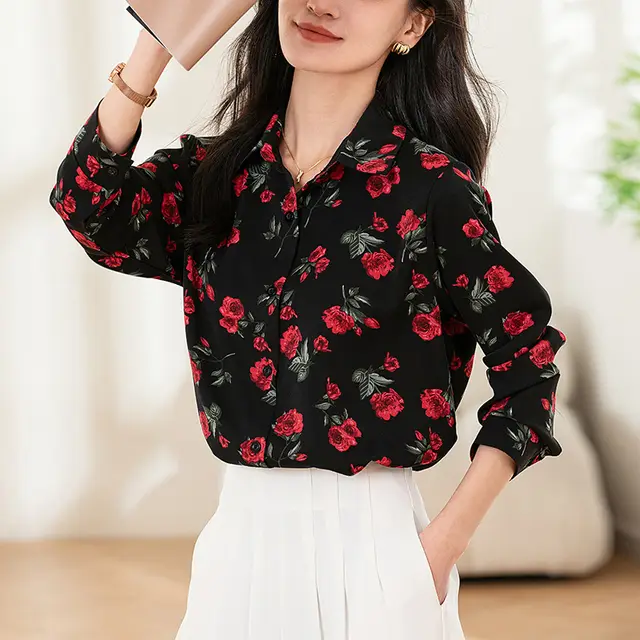 Design Sense Niche Long Sleeve Non ironing Draping Vertical And Smooth Printed Top Shirt 6896 Color - Shop at LoveMi