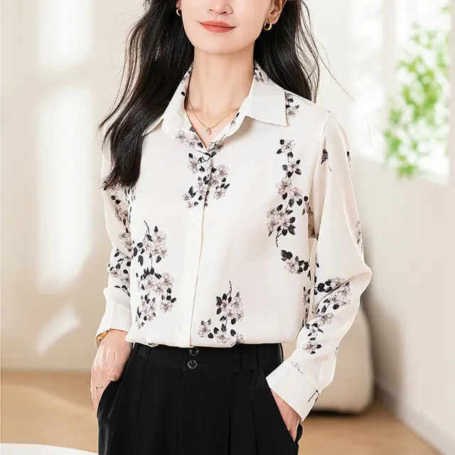 Design Sense Niche Long Sleeve Non ironing Draping Vertical And Smooth Printed Top Shirt 6899 Color - Shop at LoveMi