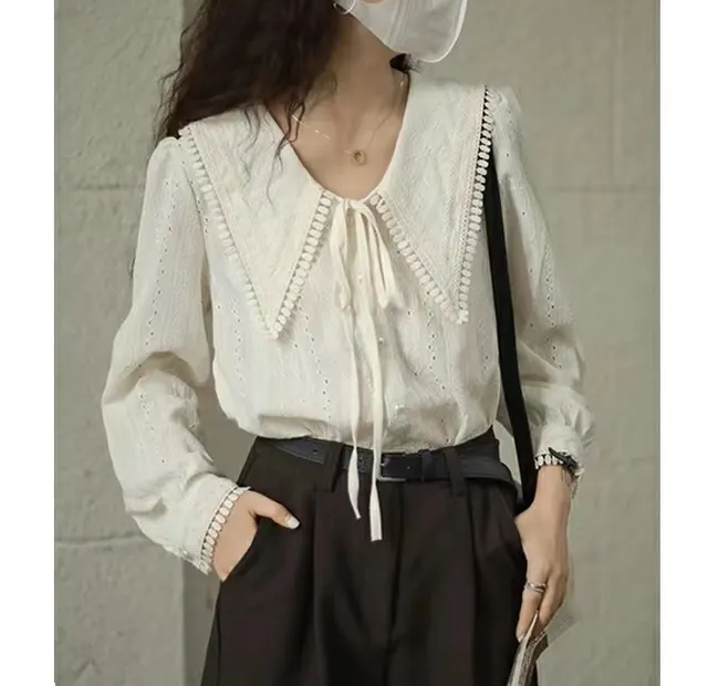 French Style Large Pointed Collar Shirt Women's Early Spring Design Apricot - Shop at LoveMi