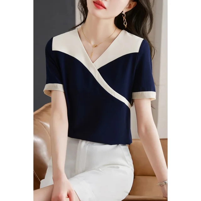 Summer New Shirt Loose V neck Chiffon Top Blue - Shop at LoveMi