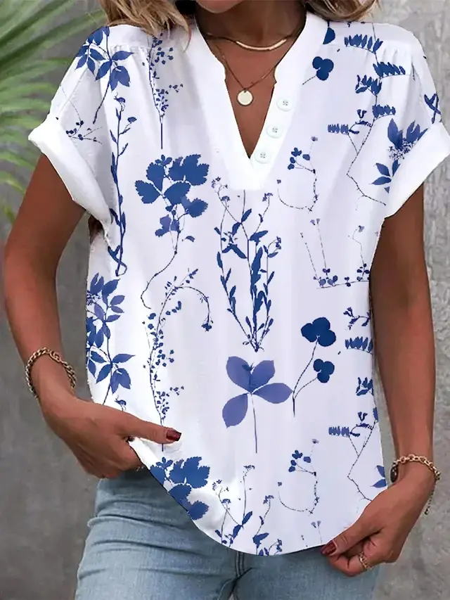 Summer Simple Leisure Solid Color And V neck Short sleeved Shirt For Women White And Blue Flowers - Shop at LoveMi