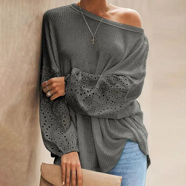 European And American Loose Diagonal Collar Hollow out Long Sleeve Off shoulder Top Gray - Shop at LoveMi