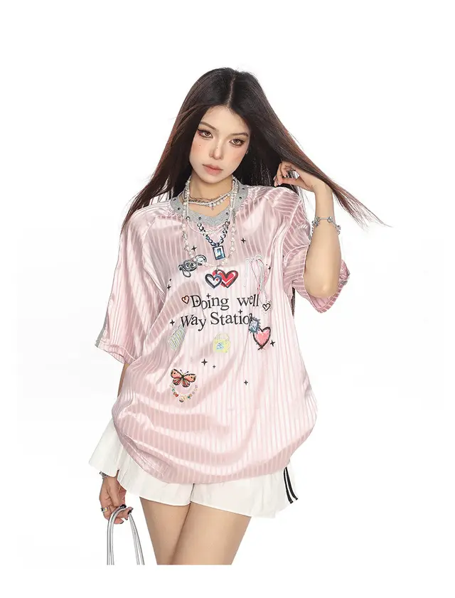 Striped Graffiti Bars Short sleeved T shirt For Women Pink - Shop at LoveMi