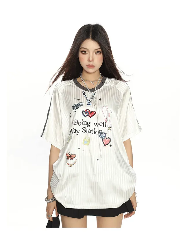 Striped Graffiti Bars Short sleeved T shirt For Women White - Shop at LoveMi