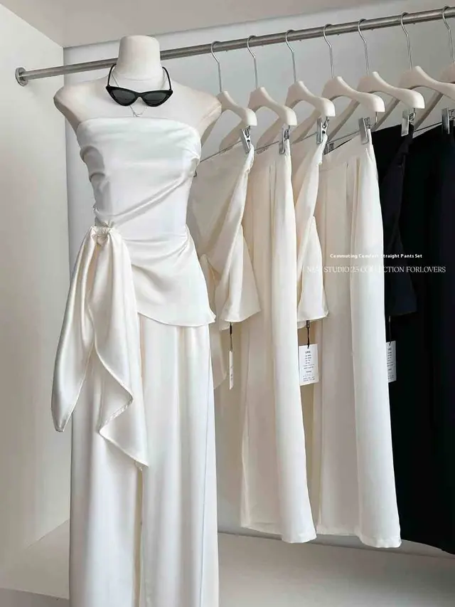 Irregular Tube Top Vest High Waist Casual Wide Leg Pants Suit Beige - Shop at LoveMi