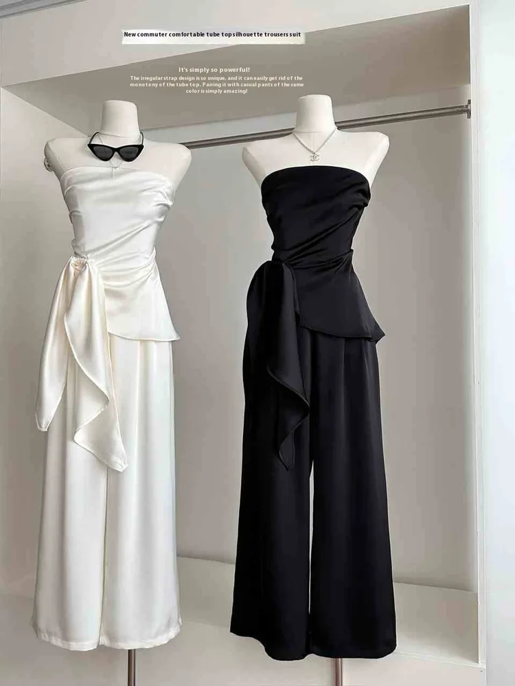 Irregular Tube Top Vest High Waist Casual Wide Leg Pants Suit - Black - View 1