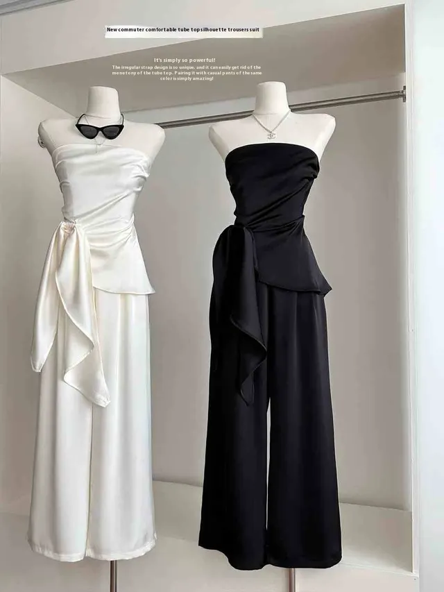 Irregular Tube Top Vest High Waist Casual Wide Leg Pants Suit Black - Shop at LoveMi
