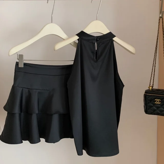 Camisole Halter Top High Waist Slimming Skirt Suit Black - Shop at LoveMi