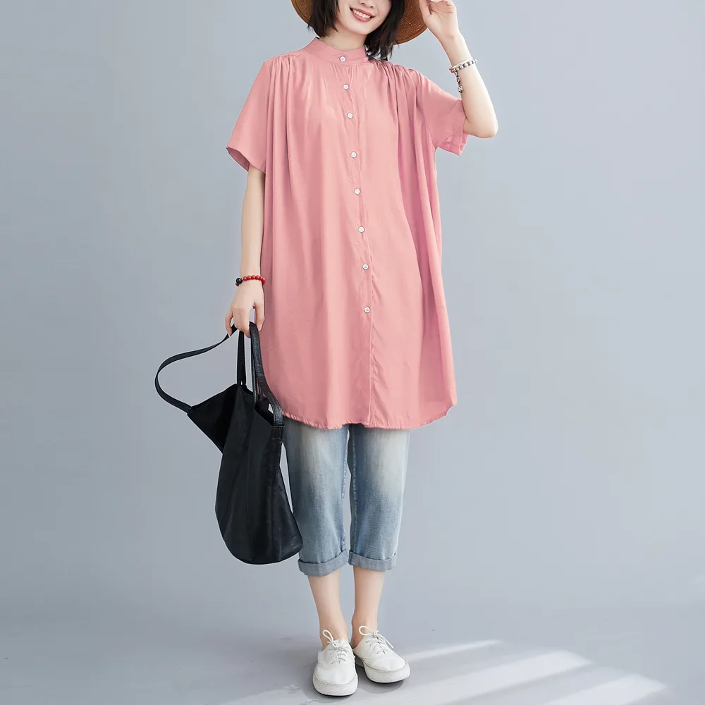 Women's Mid length Short Sleeve Breasted Stand Collar Irregular Shirt Pink - Shop at LoveMi