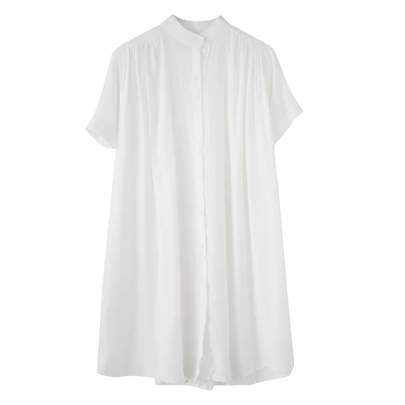 Women's Mid length Short Sleeve Breasted Stand Collar Irregular Shirt White - Shop at LoveMi