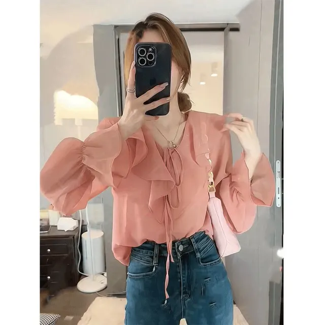 Ruffled Tied Puff Sleeve Shirt Women Pink - Shop at LoveMi