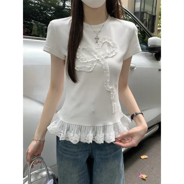 Women's Fashion Lace Edge Stitching Hem Bow Top White - Shop at LoveMi