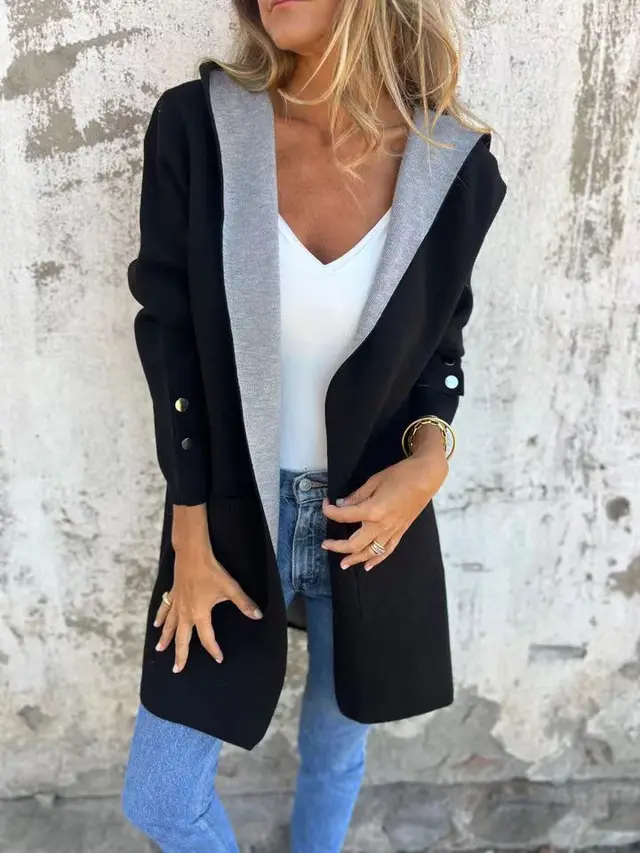 European And American Spring New Women's Clothing Casual Contrast Color Sweater Cardigan Hooded Coat Black - Shop at LoveMi